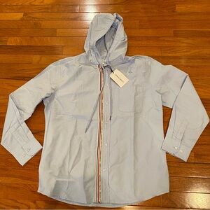 Cross & Crown NWT blue Oxford cotton hooded button up shirt stripe detail XL